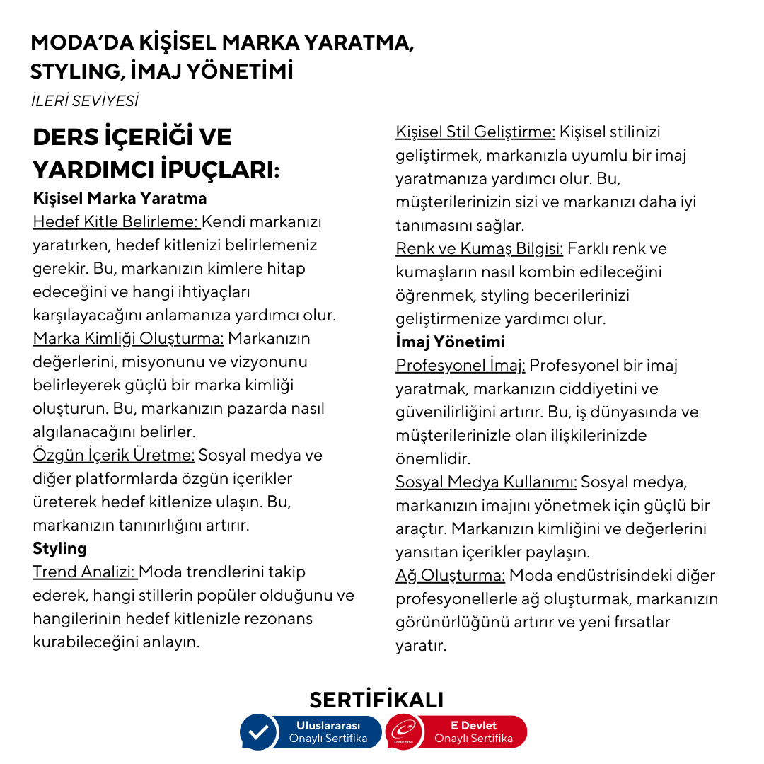 Moda'da Kişisel Marka Yaratma,Styling, İmaj Yönetimi  -İleri Seviye