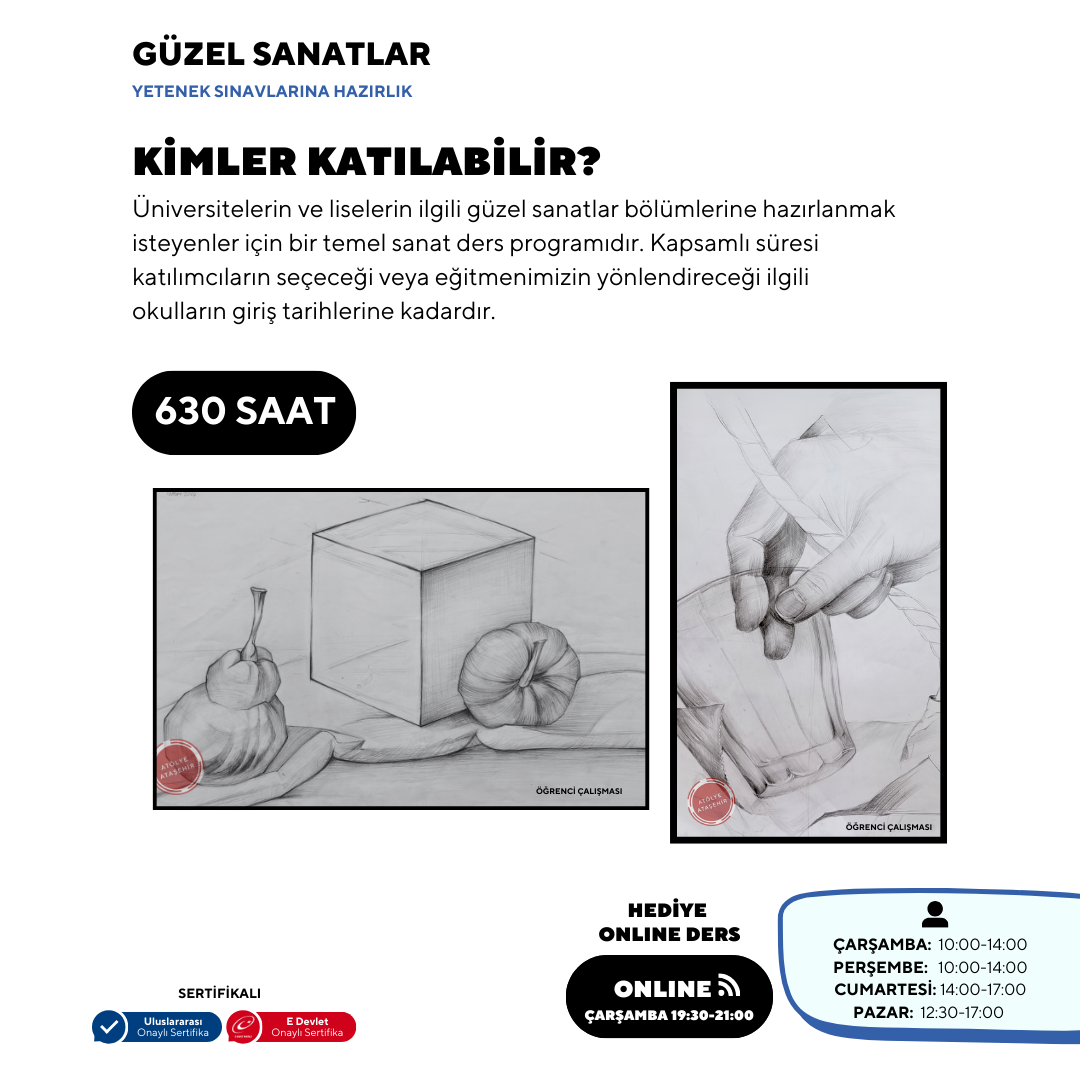 Güzel Sanatlara Hazırlık 630 Saat -Yüz Yüze